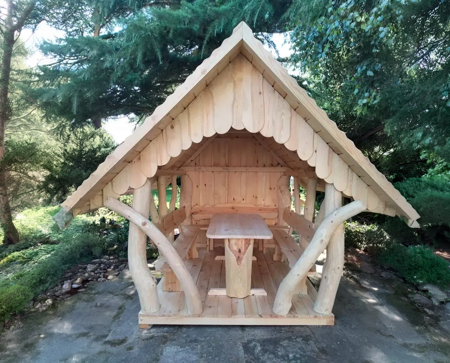 Rustic wooden garden gazebo installed by Greenart Landscapers in Aberdeen, Aberdeenshire