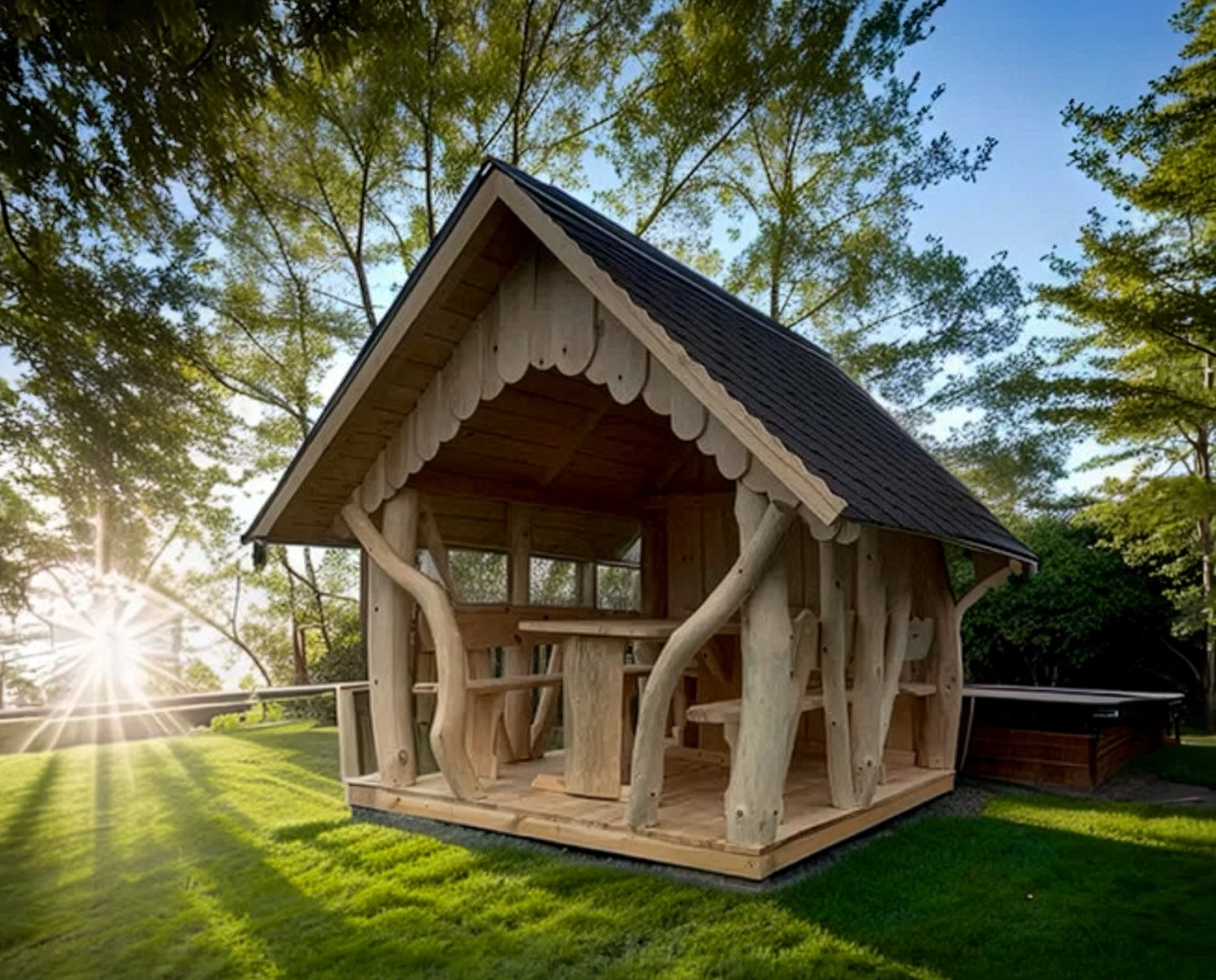 Handcrafted timber gazebo with tree trunk posts Greenart Landscapers Aberdeen Aberdeenshire