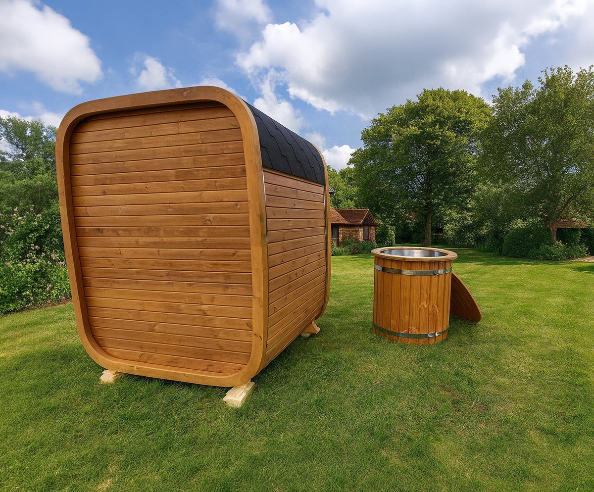 Contemporary cube sauna with glass front Aberdeenshire garden
