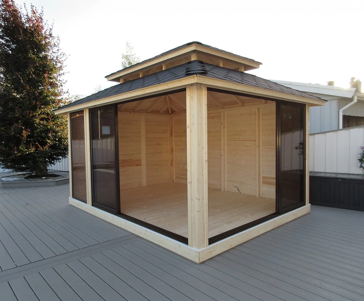 Modern garden gazebo Siesta pavilion installed by Greenart Landscapes in Aberdeen Aberdeenshire