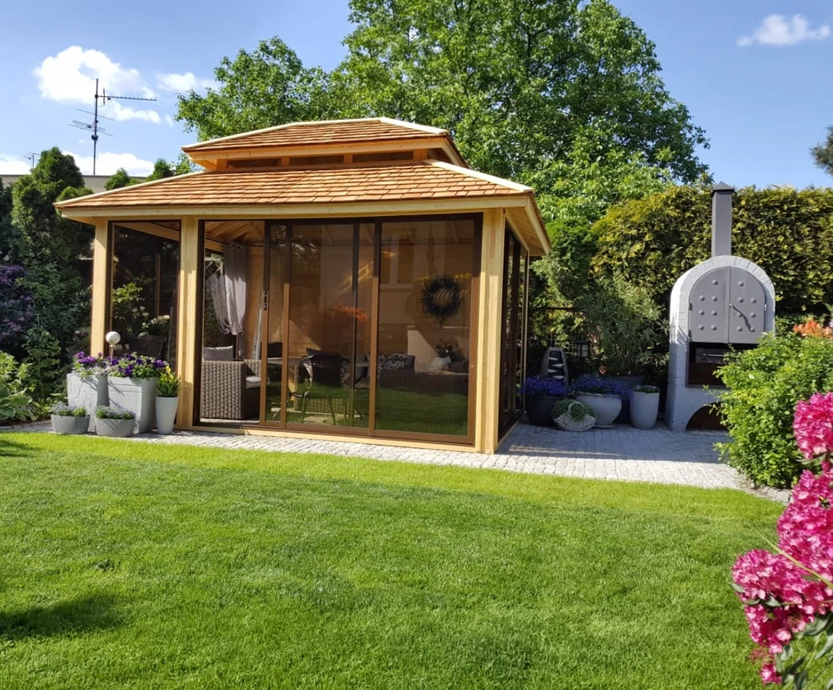 Luxury wooden garden pavilion with glass doors Greenart Landscapes Aberdeen Aberdeenshire