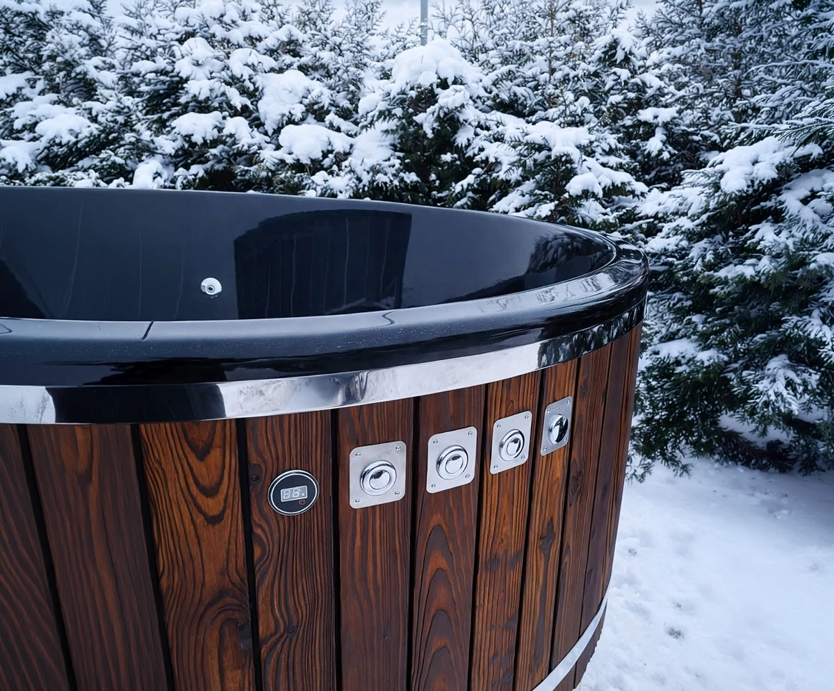 Outdoor wooden hot tub with fibreglass interior in Aberdeen Scotland