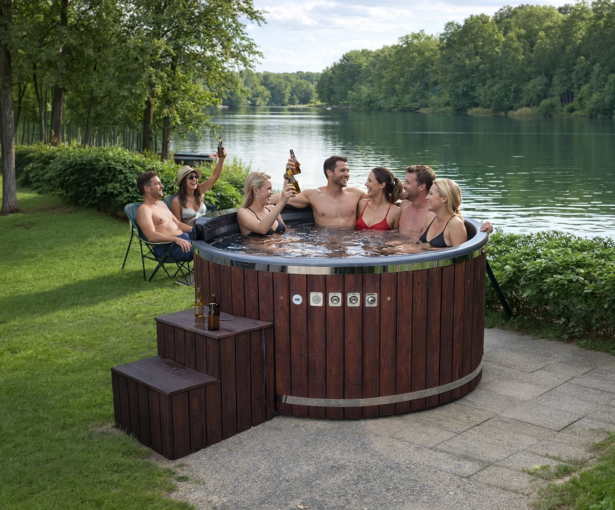 Outdoor spa hot tub with LED lighting Aberdeenshire garden