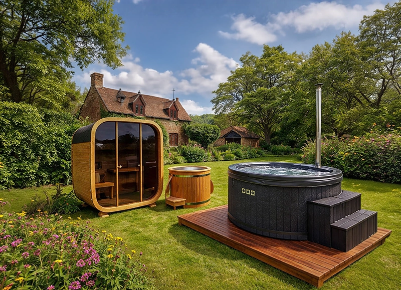 Outdoor wooden hot tub with fibreglass interior in Aberdeen Scotland